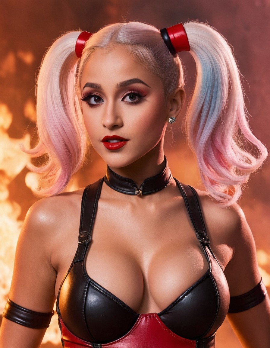 ariana grande, harley quinn, celebrity transformation, dc comics, performer, cosplay, superhero