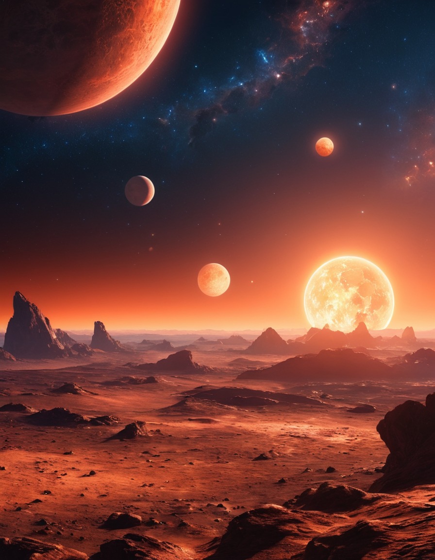 sunrise, distant planet, multiple moons, space scene