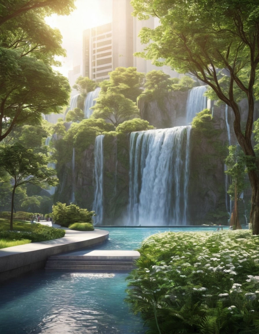 waterfall, urban park, modern, nature, cityscape, city