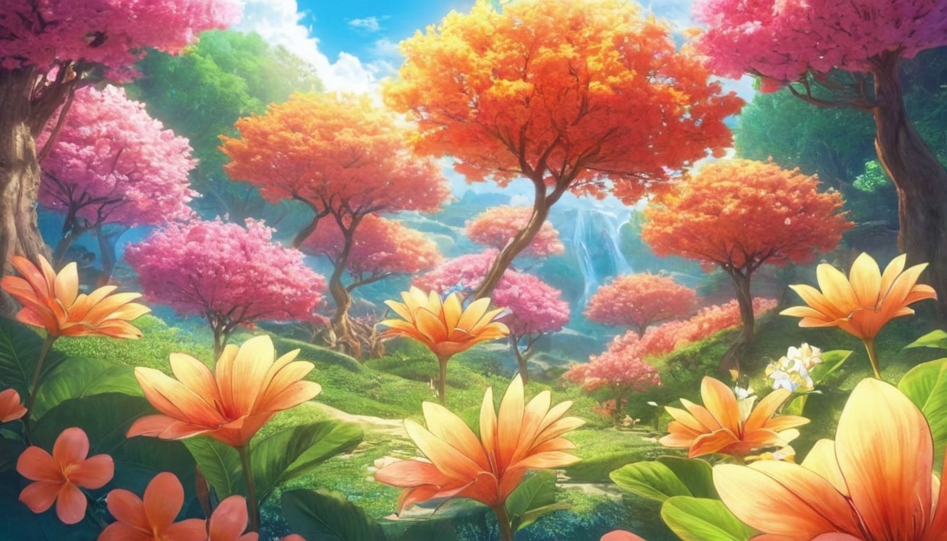 wallpaper, anime, colorful, floral, scenery