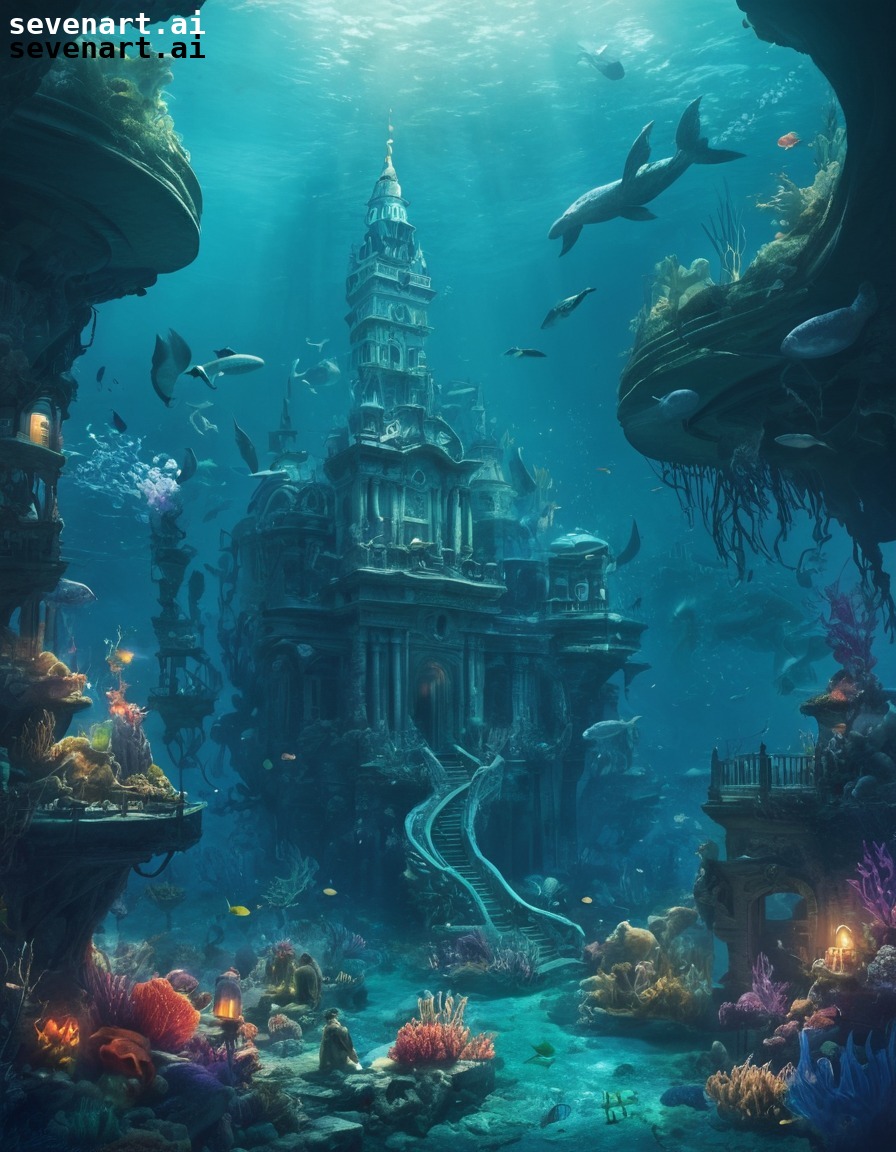 underwater, city, mermaids, sea monsters, peaceful