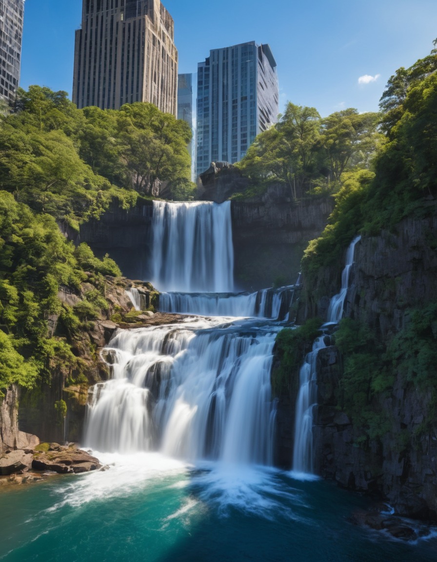 waterfall, urban skyline, contrast, nature, cityscape, beauty, city