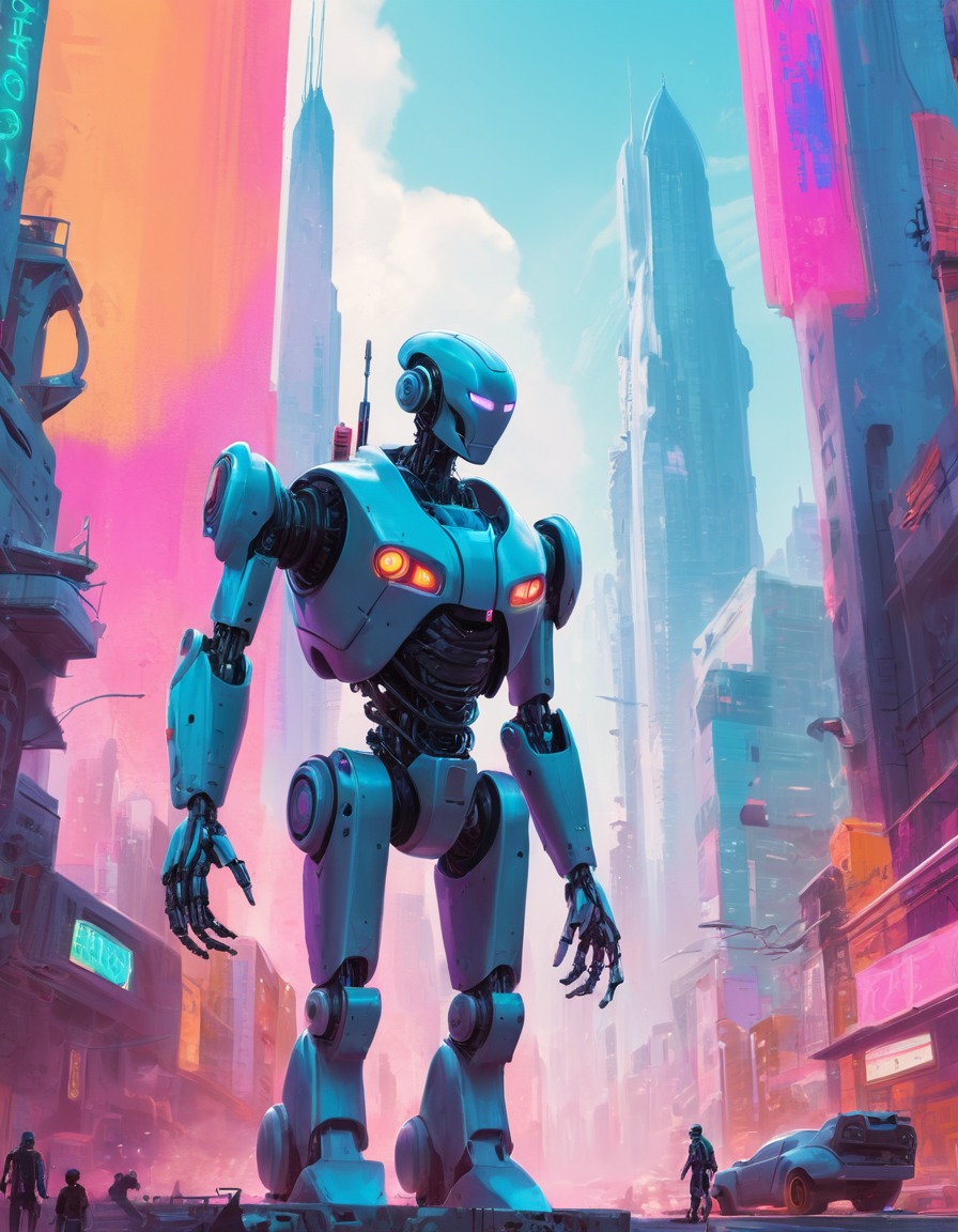 robot, artist, painting, cityscape, futuristic, robots