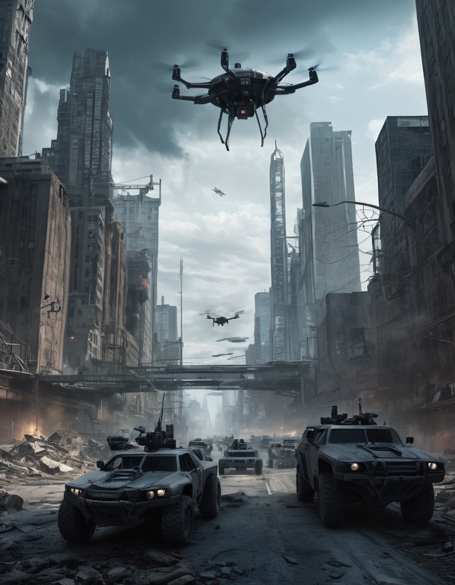 futuristic, post-apocalyptic, cityscape, high-tech weaponry, drones, us, war, usa