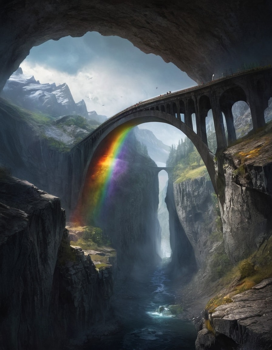 mountains, rainbow bridge, mystical, chasm, nature, fantasy, landscape