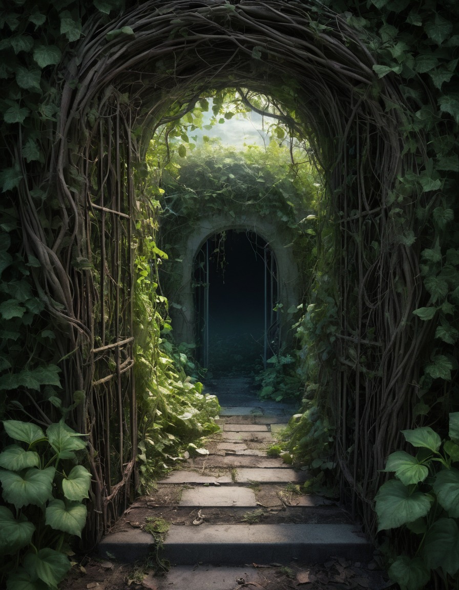 mystical, doorway, vines, garden