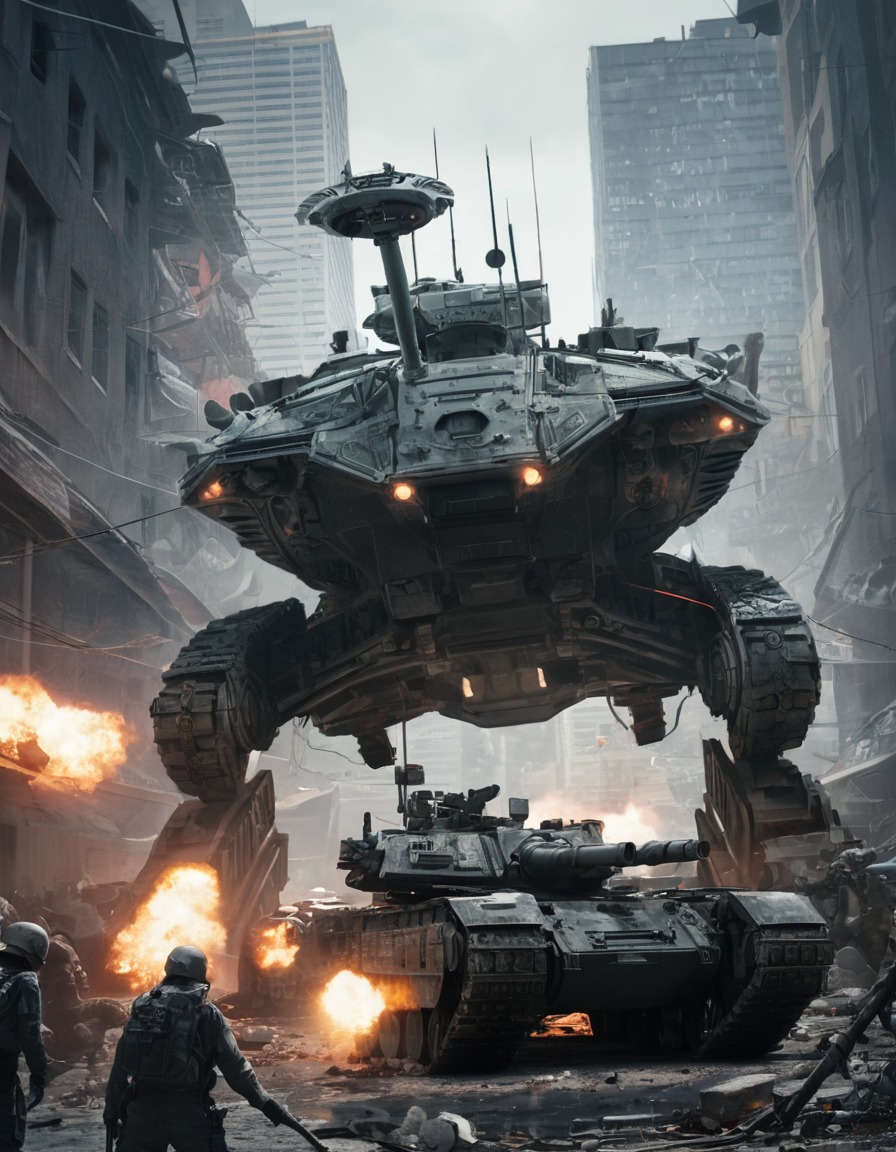 alien technology, war machine, tank, urban warfare, futuristic, aliens, three body problem, trisolaran