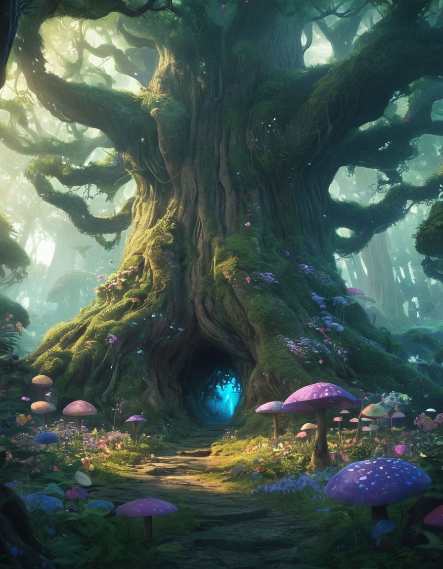 enchanted forest, magical creatures, giant trees, shimmering flowers, fantasy wildlife, fantastic