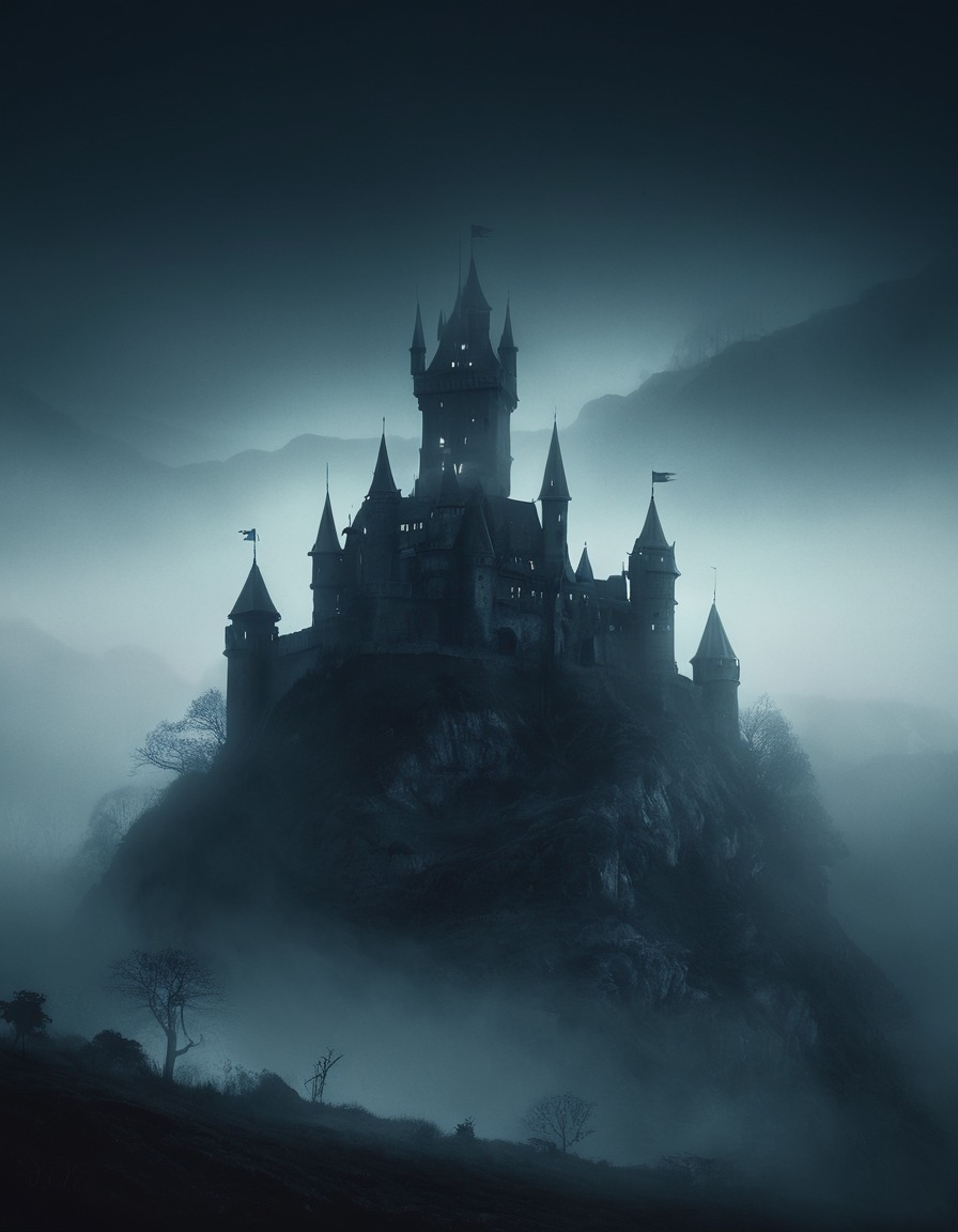 dark, eerie, castle, hill, mist, middle ages