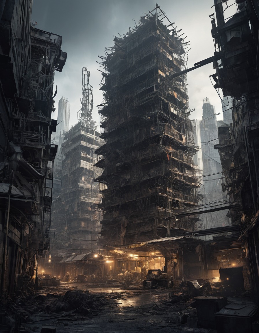 dystopian, cityscape, scrap metal, makeshift shelters, mad max