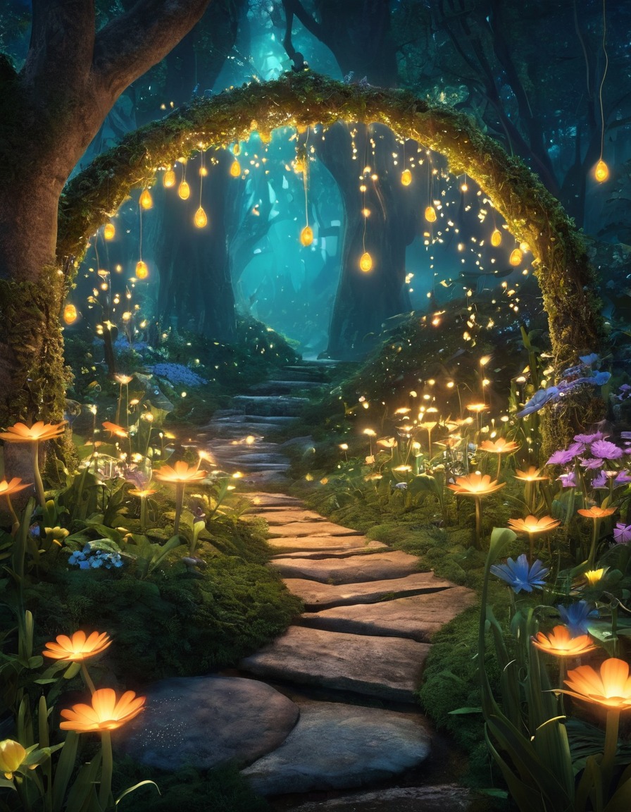 mystical garden, fairies, fireflies, fantasy, enchanted, magical creatures