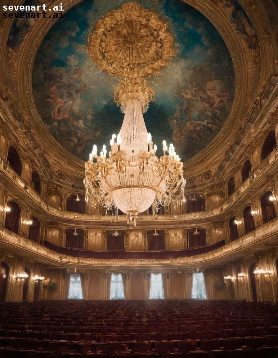 opera house, grand architecture, domed ceiling, frescoes, chandeliers