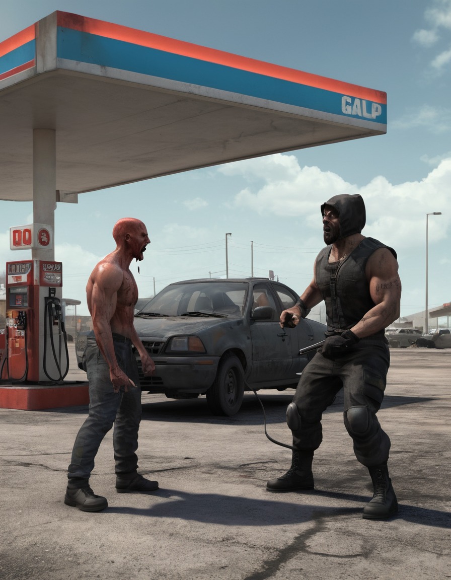 gas station, confrontation, dramatic, fight, resources, mad max