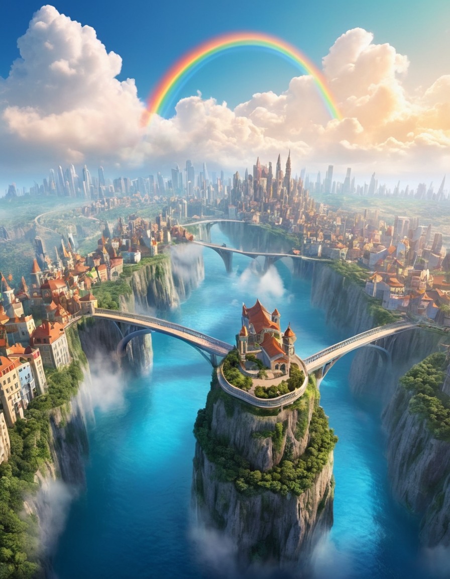 floating city, clouds, rainbow bridges, fantasy scene, skytopia