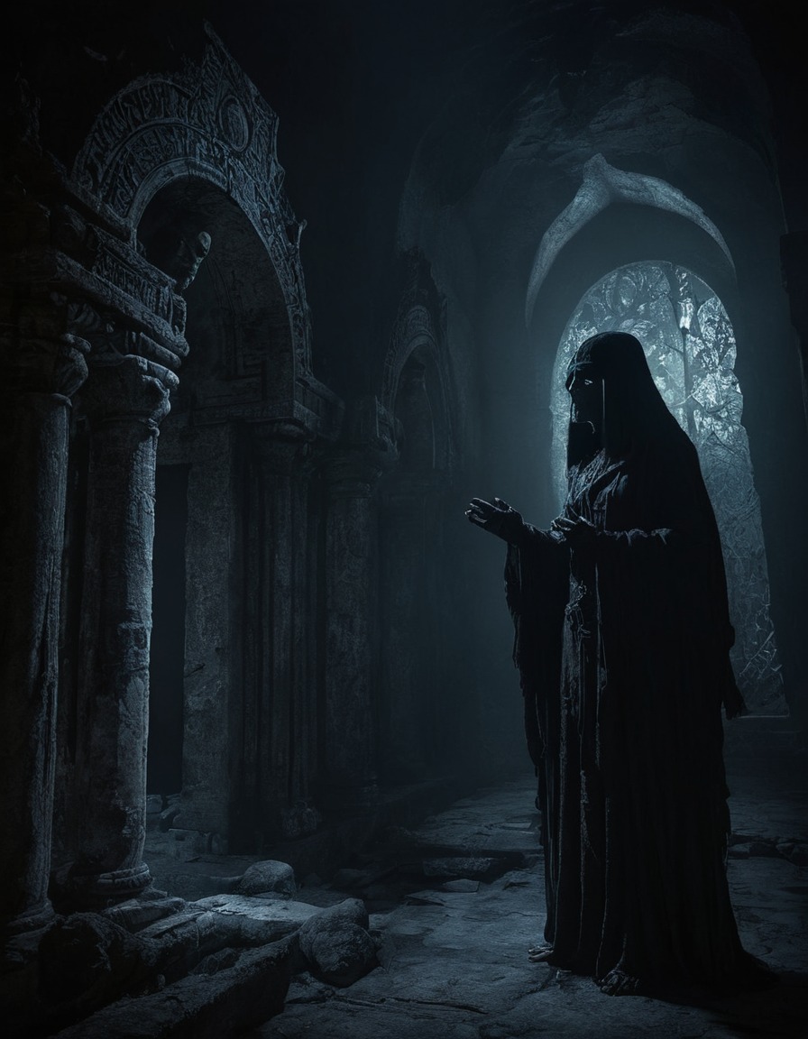 mystical, prophecies, shadowy figure, forgotten temple, whispering, mystery, divination