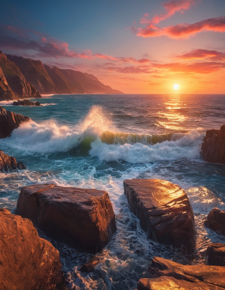 sunset, coastline, waves, nature, outdoors