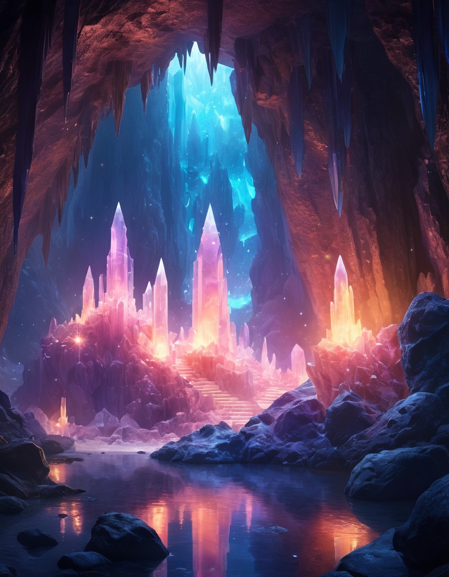 crystal cave, glowing crystals, mysterious energy, fantasy scene