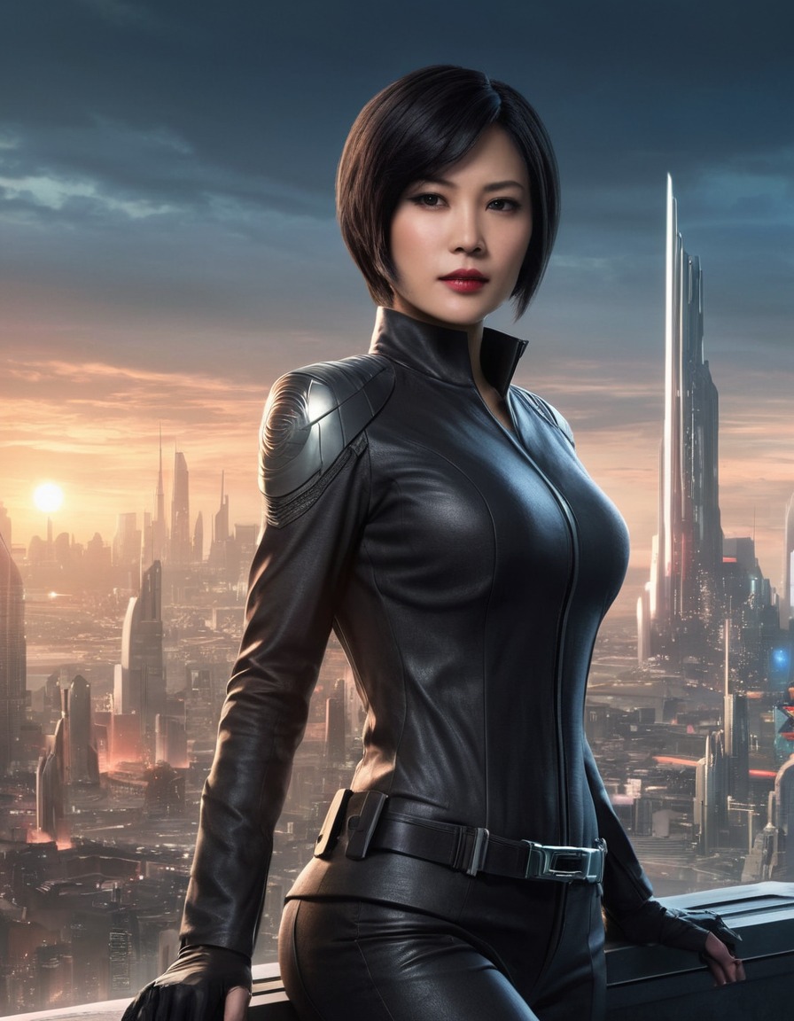 futuristic, city skyline, ada wong, confident, games, girls from games