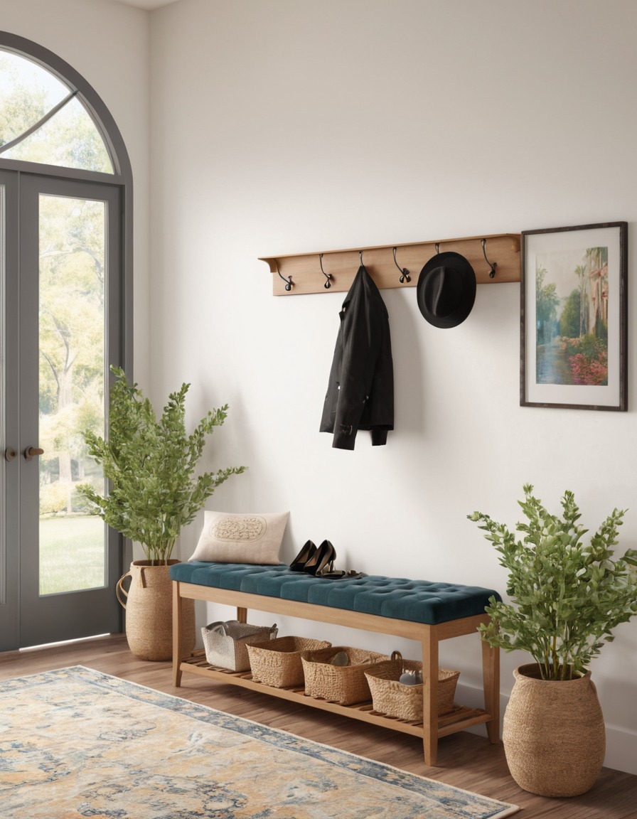 entryway, bench, coat rack, gallery wall, family photos, home, interior design, interior