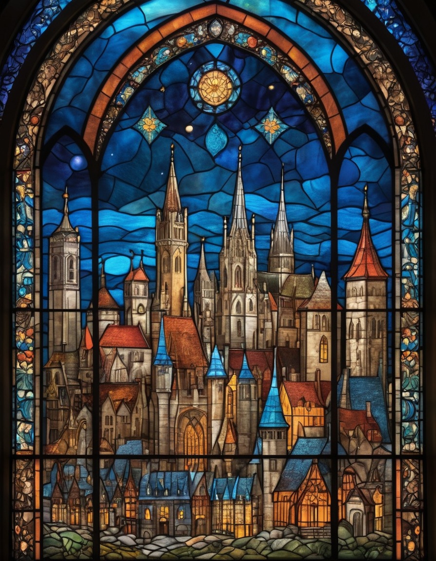 stained glass, medieval art, city skyline, architecture, medieval, art