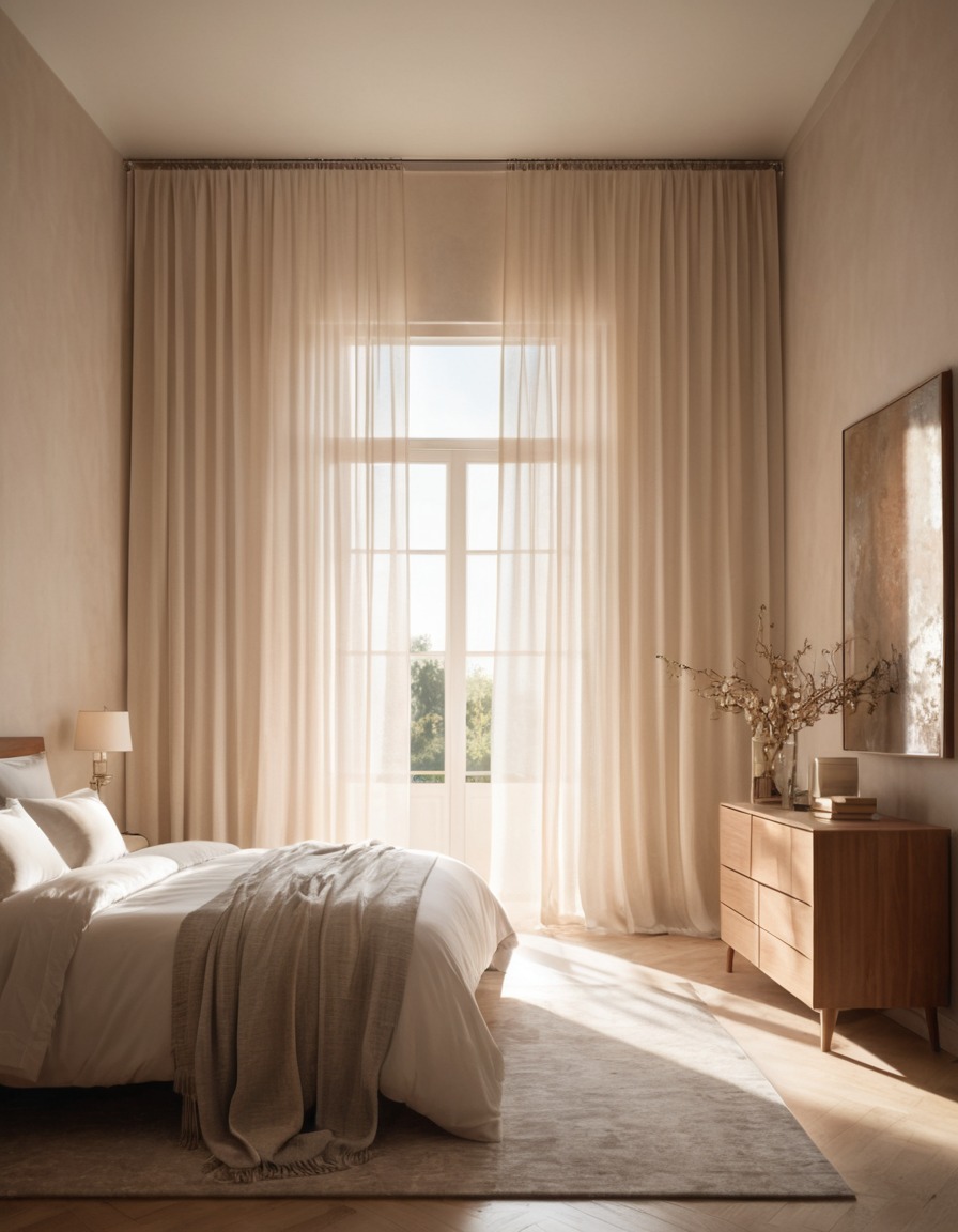 sunlight, curtains, bedroom, serene, home, interior