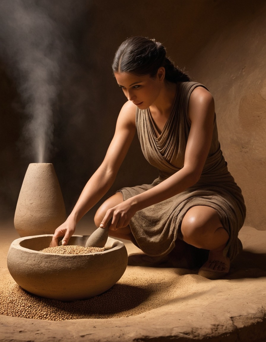 mesopotamia, ancient civilization, woman, grinding grains, stone quern, ancient technology, archaeology