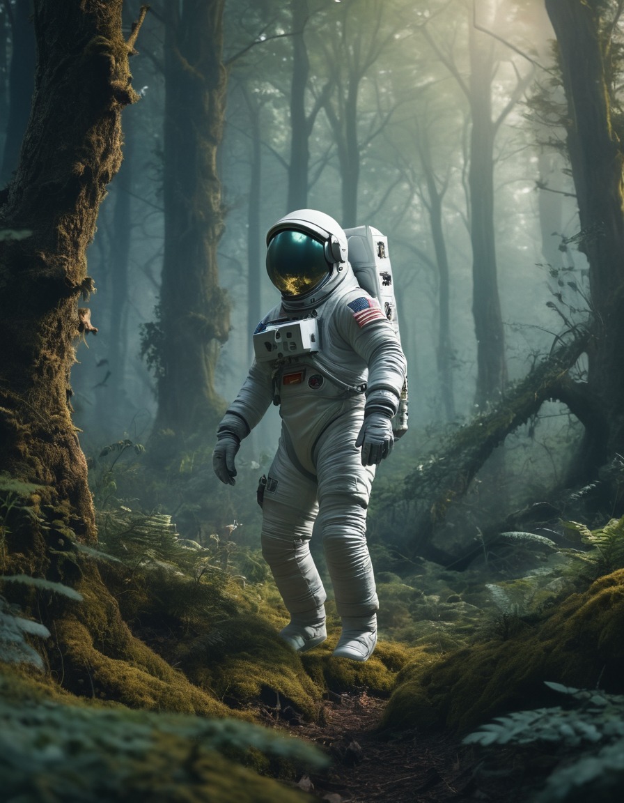 astronaut, spacesuit, medieval, forest, mythical creatures, art