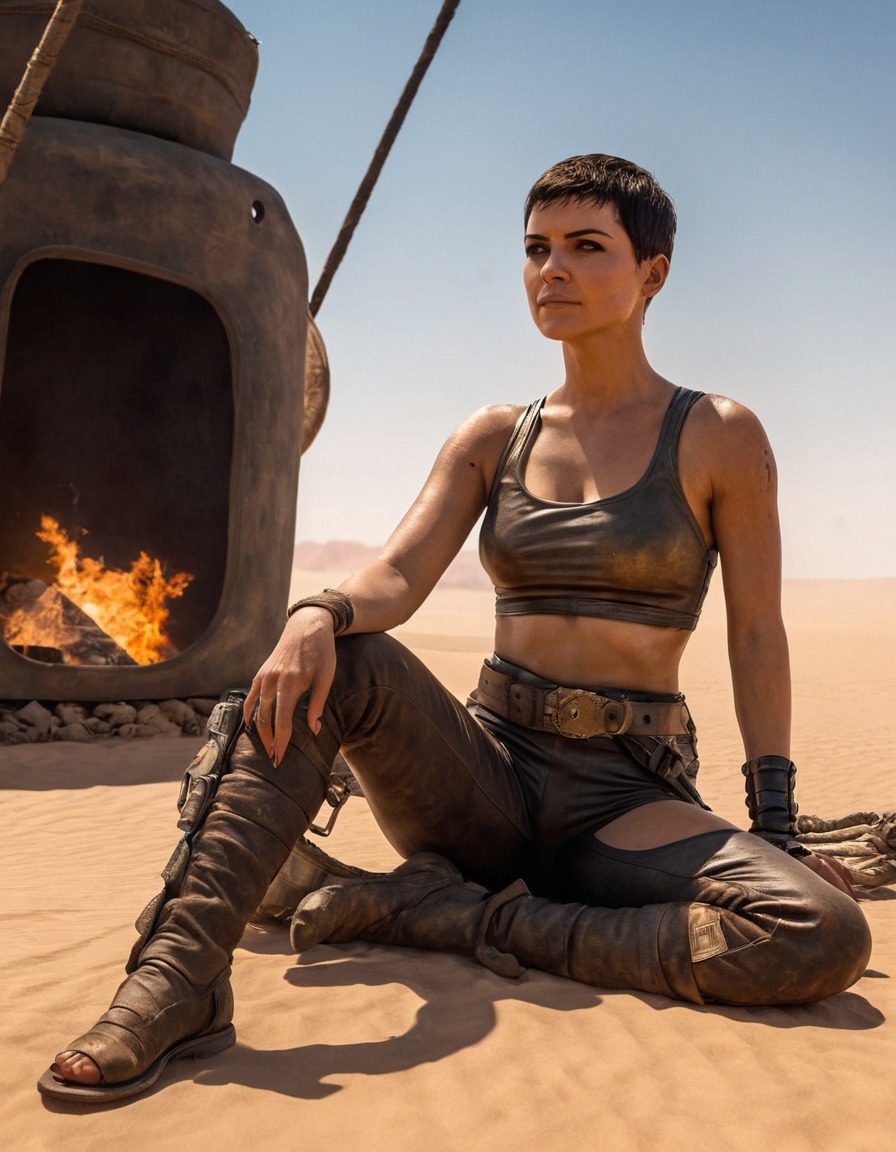 furiosa, character, post-apocalyptic, warrior, fire, resting, battle scars, mad max