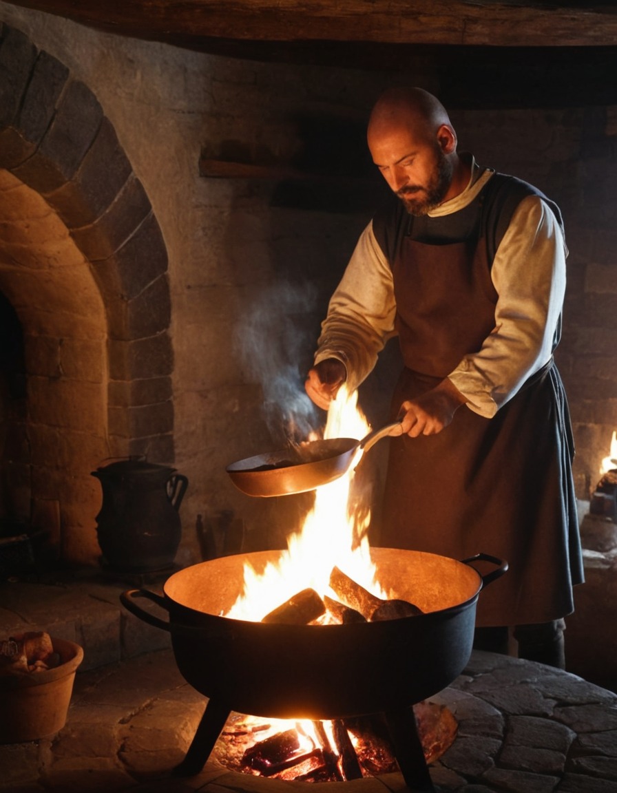 ancient cook, meal preparation, large hearth, medieval england, 1300 ad