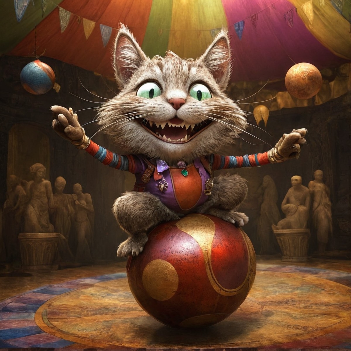 digitalart, digitalpainting, cat, circus, crazy, dailychallenge, aiartcommunity, midjourney, midjourneyai, midjourneyart, midjourneyartwork, midjourneyaiart, midjourneycommunity