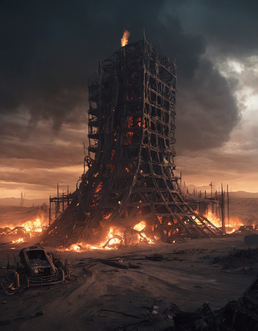 wasteland, twisted metal, towering flames, dystopian landscape, mad max