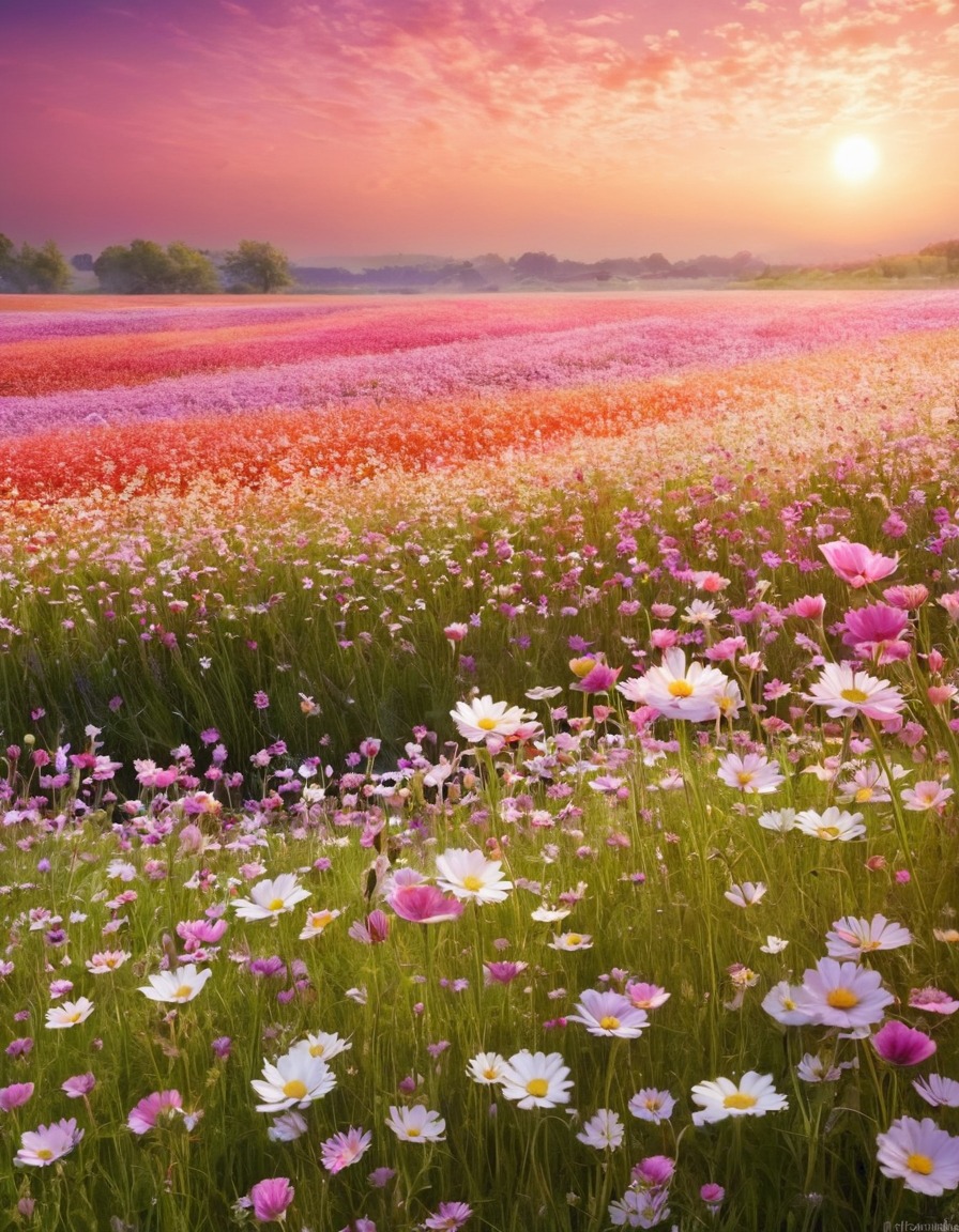 field, shimmering flowers, color-changing, fantasy, nature, wind, beauty