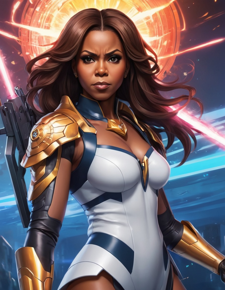 michelle obama, anime, warrior, futuristic, weapon