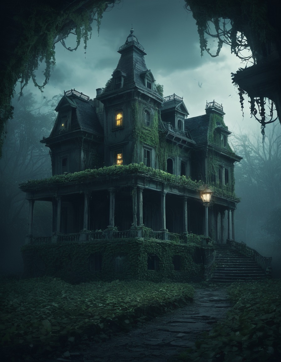 creepy, haunted, mansion, ivy, lanterns, lovecraft, howard lovecraft