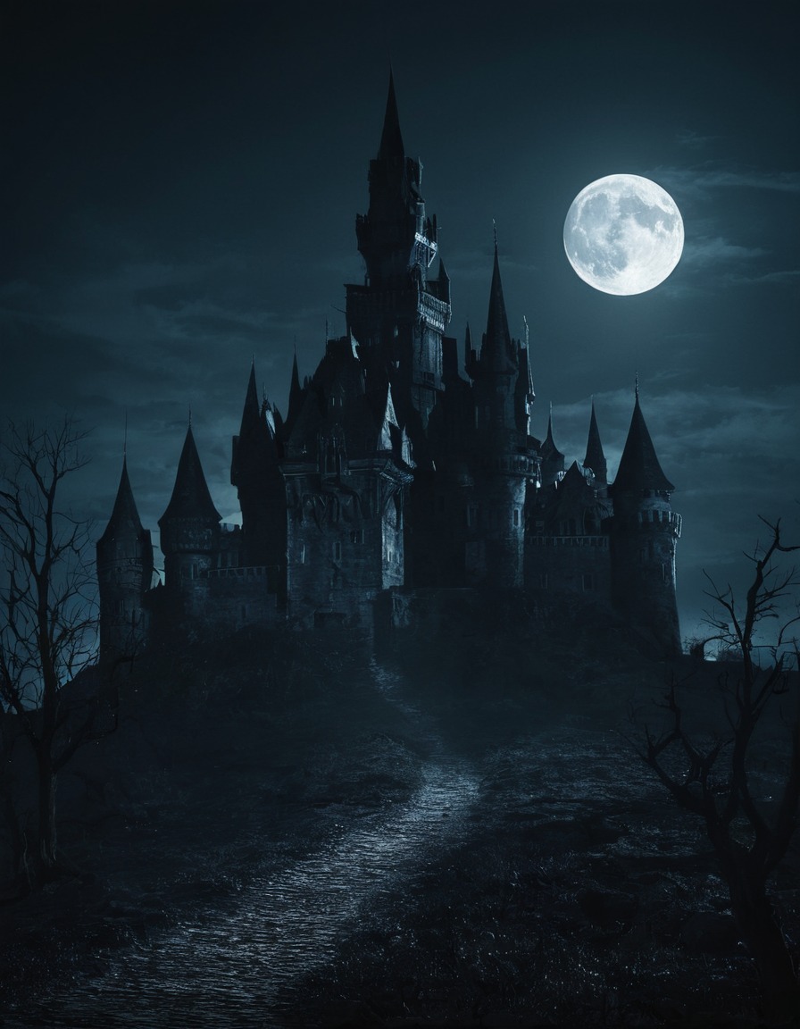 haunted, castle, silhouette, moonlight, spooky, gothic, underground, dark