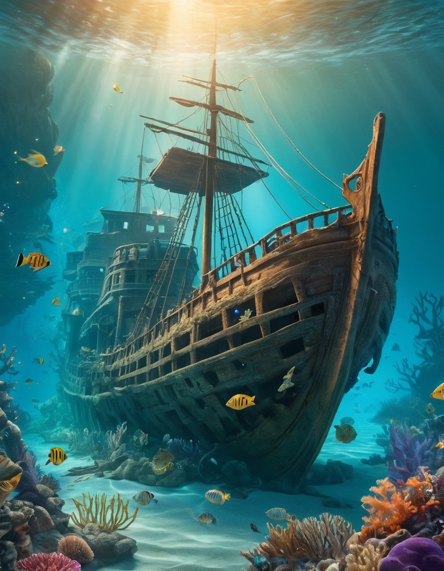 sunken shipwreck, mermaids, sea creatures, fantasy scene, underwater world