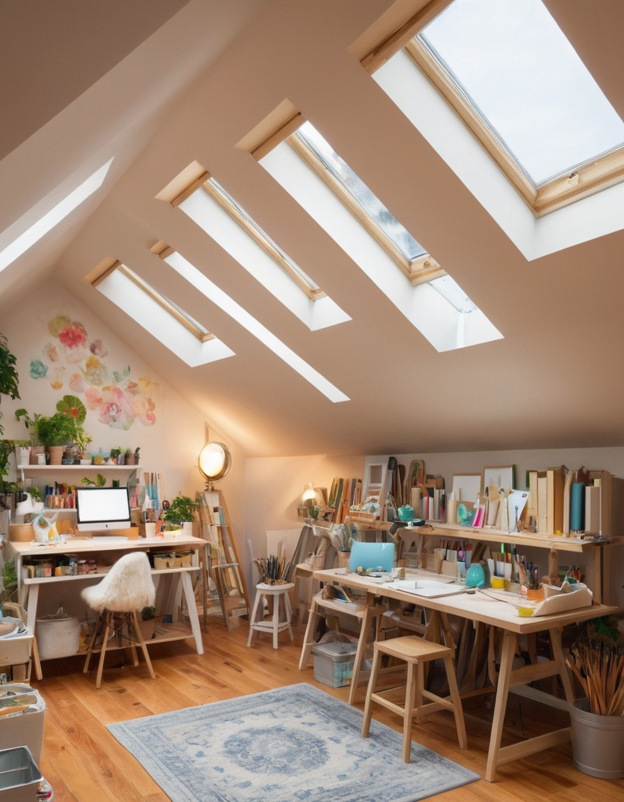 attic, art studio, skylights, paint brushes, easels, creative, cozy, home, interior