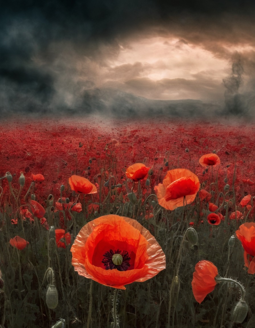 field of poppies, dreamlike, mystical, vapors, nature, fantasy, enchantment