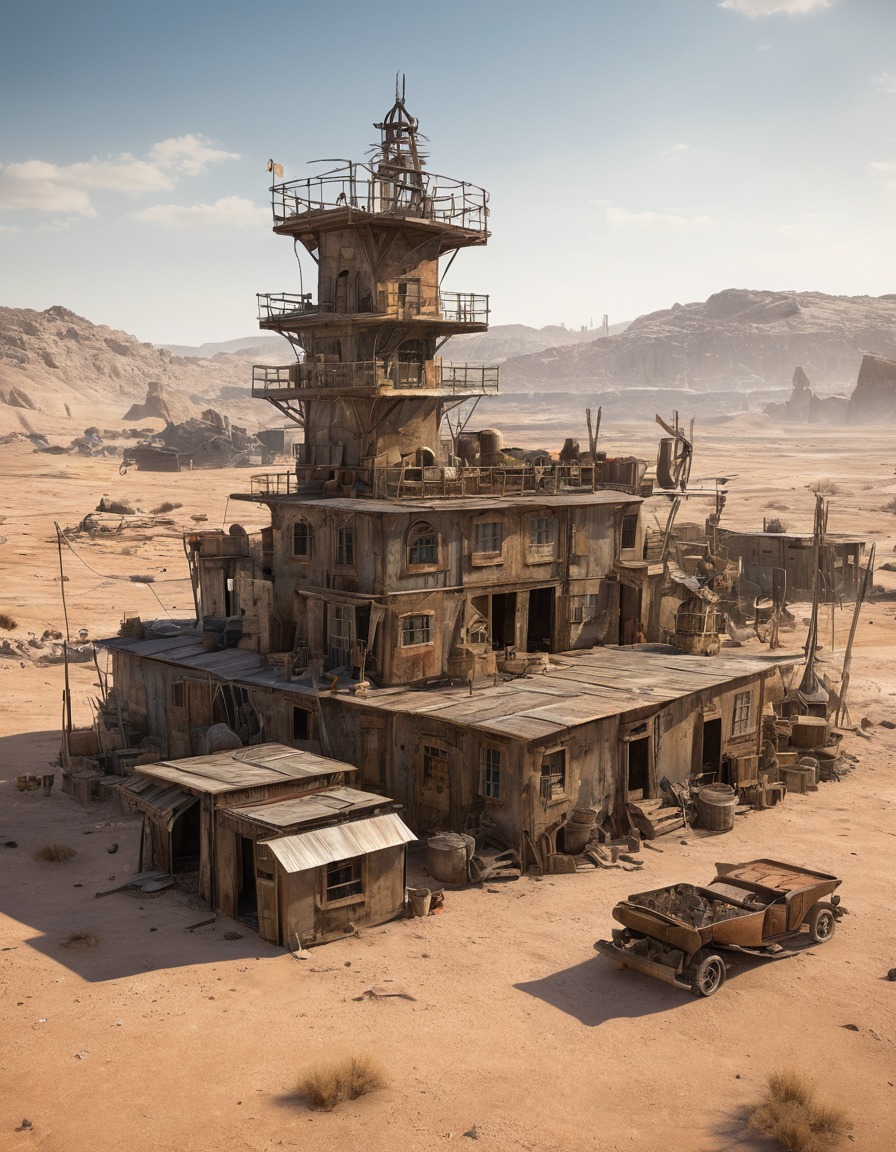 makeshift settlement, scrap metal, salvaged materials, barren wasteland, fallout, games, tv shows