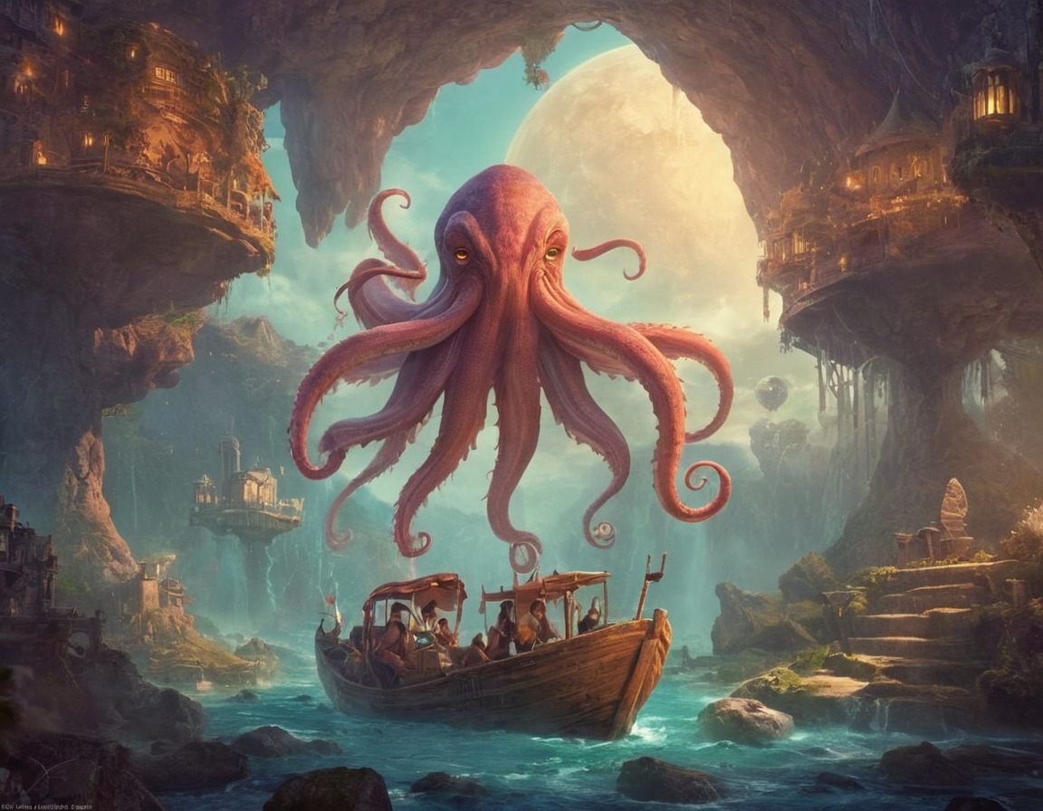 digitalart, octopus, dreamup, fantasyart, sea, boat, squid, dailychallenge, ai_art