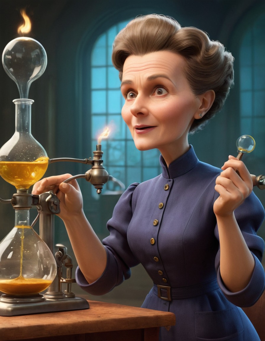 marie curie, caricature, science, experiment, humor, funny