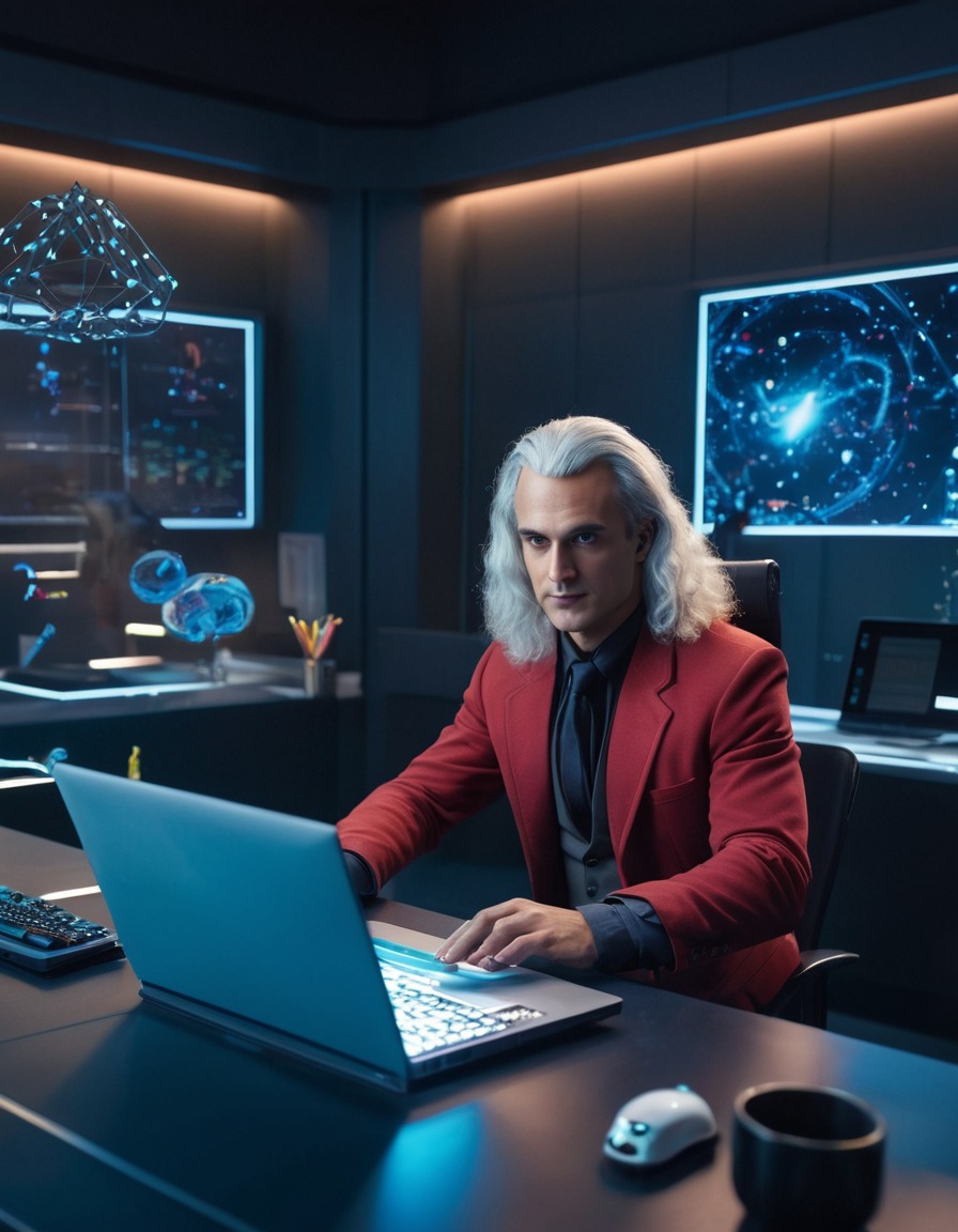 isaac newton, laptop, futuristic, office, technology