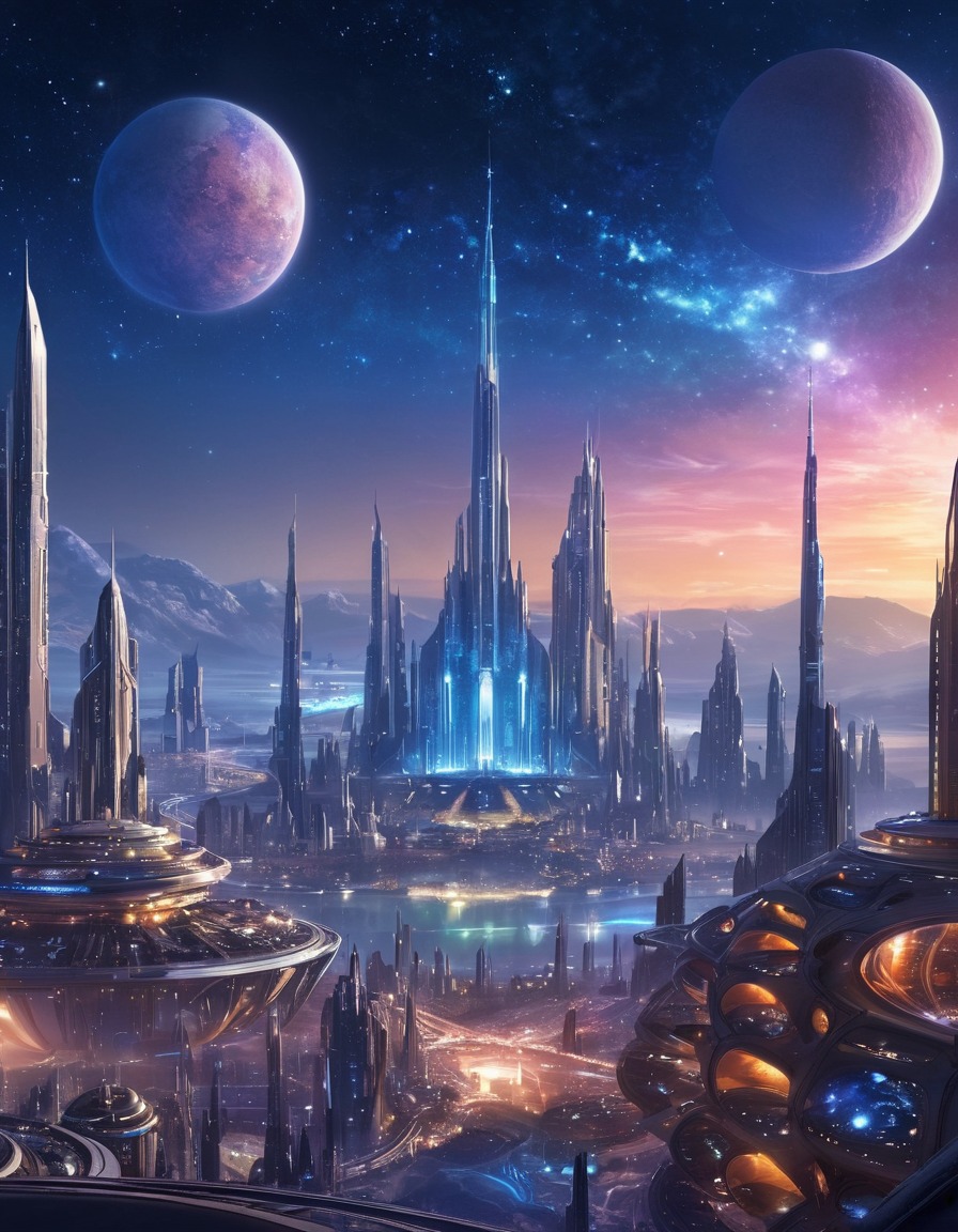 futuristic, space city, distant planet, stars, space