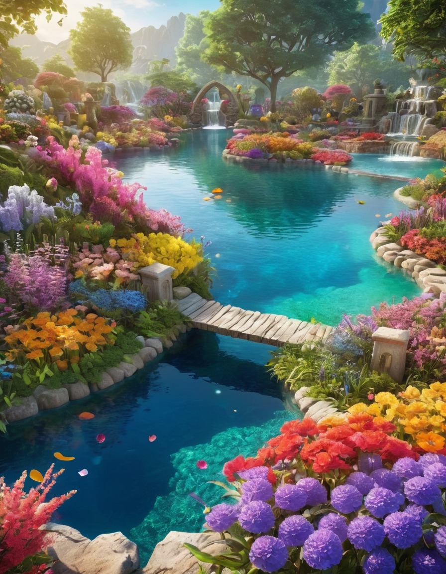 magical, garden, oversized flowers, rainbow-colored, sparkling ponds, fantastic