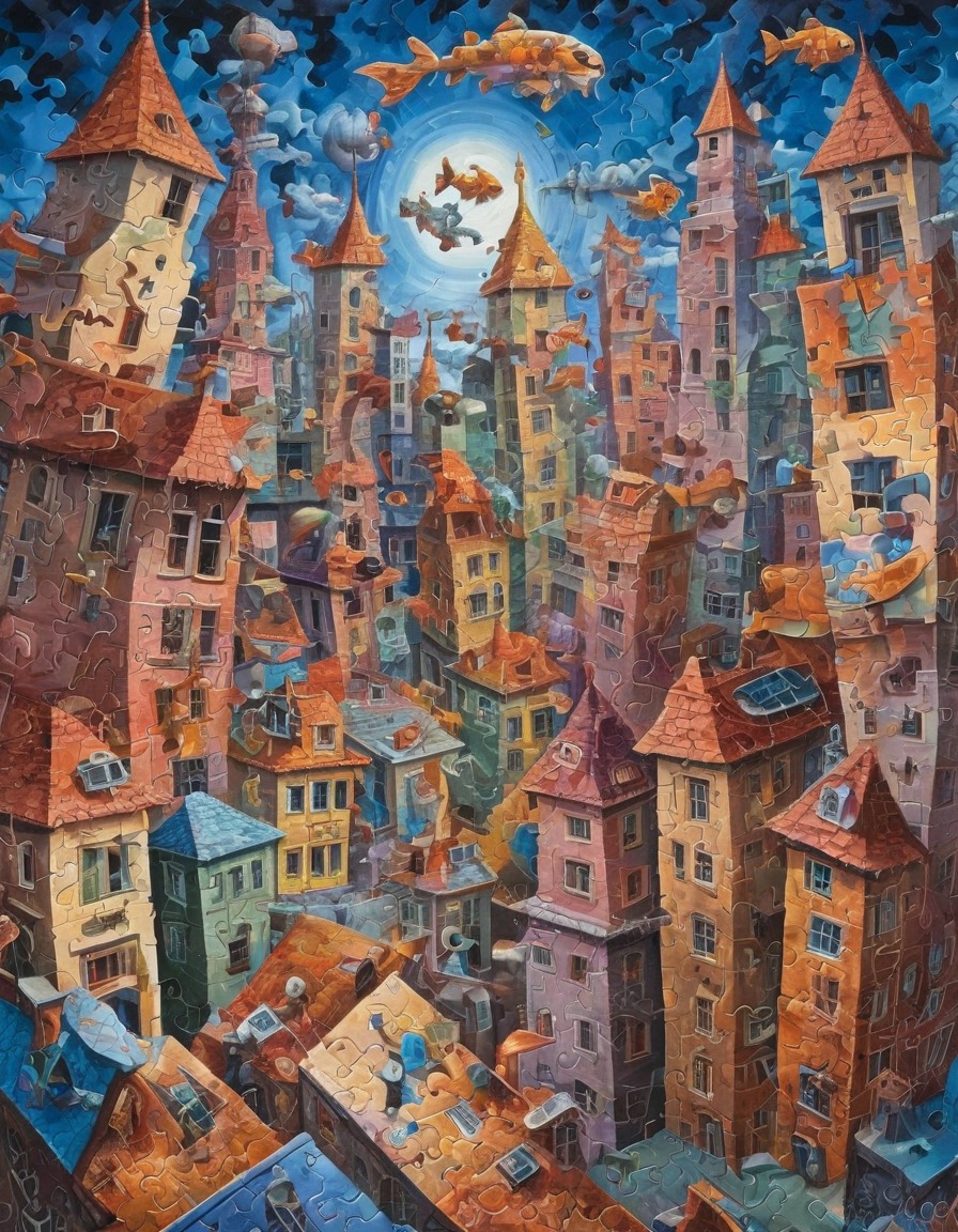 cityscape, puzzle pieces, architecture, creativity, surreal