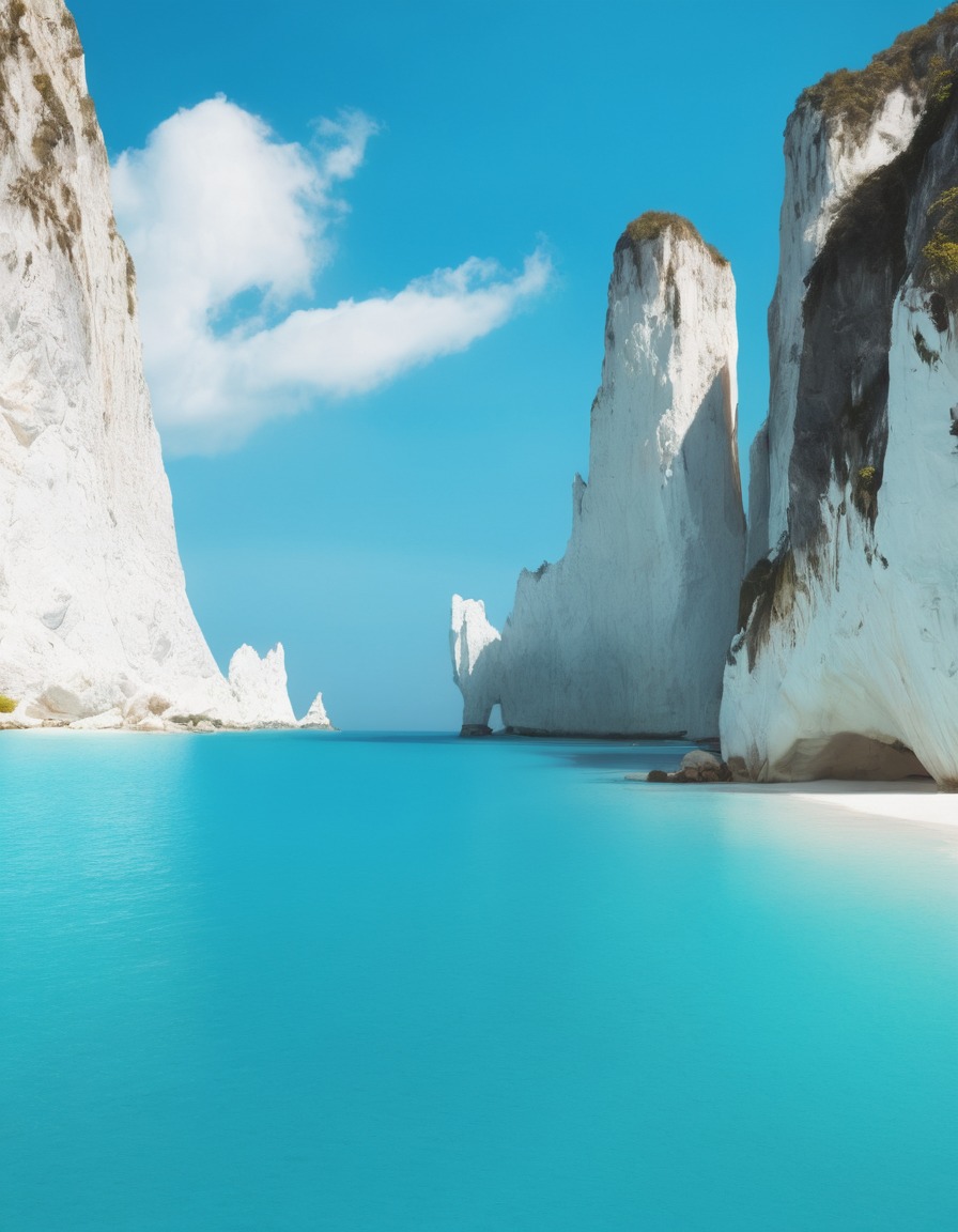 beach, turquoise waters, white sand, cliffs, pristine, nature