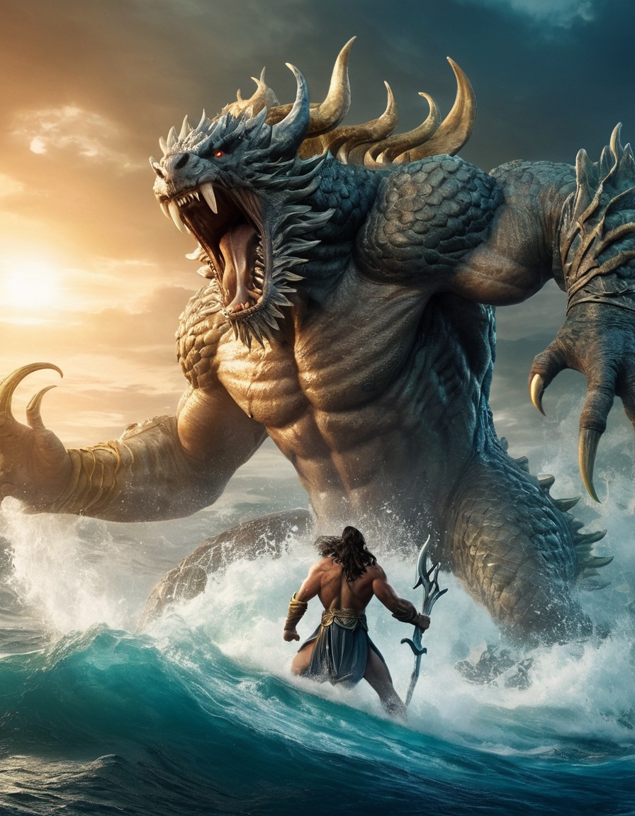 poseidon, epic, fight scene, monsters