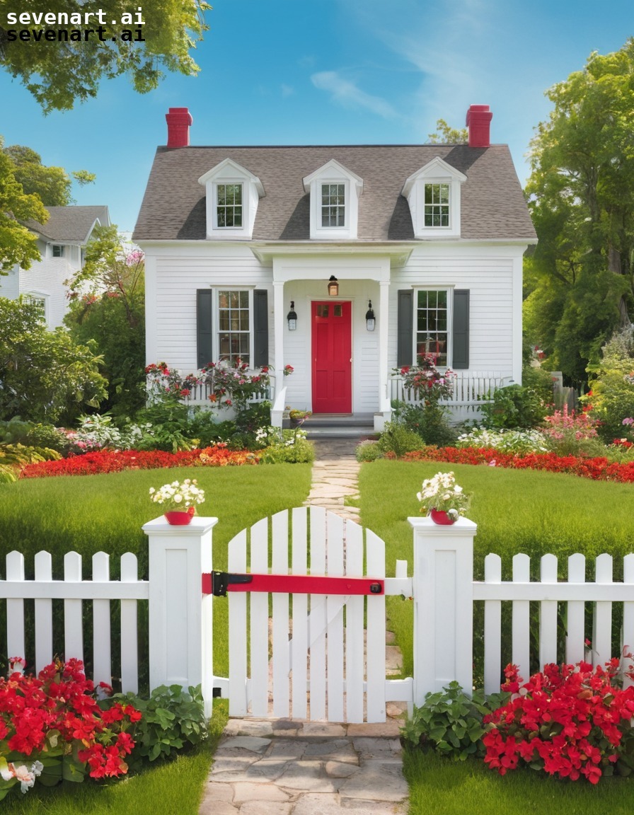 village, house, red door, picket fence, flowers, home