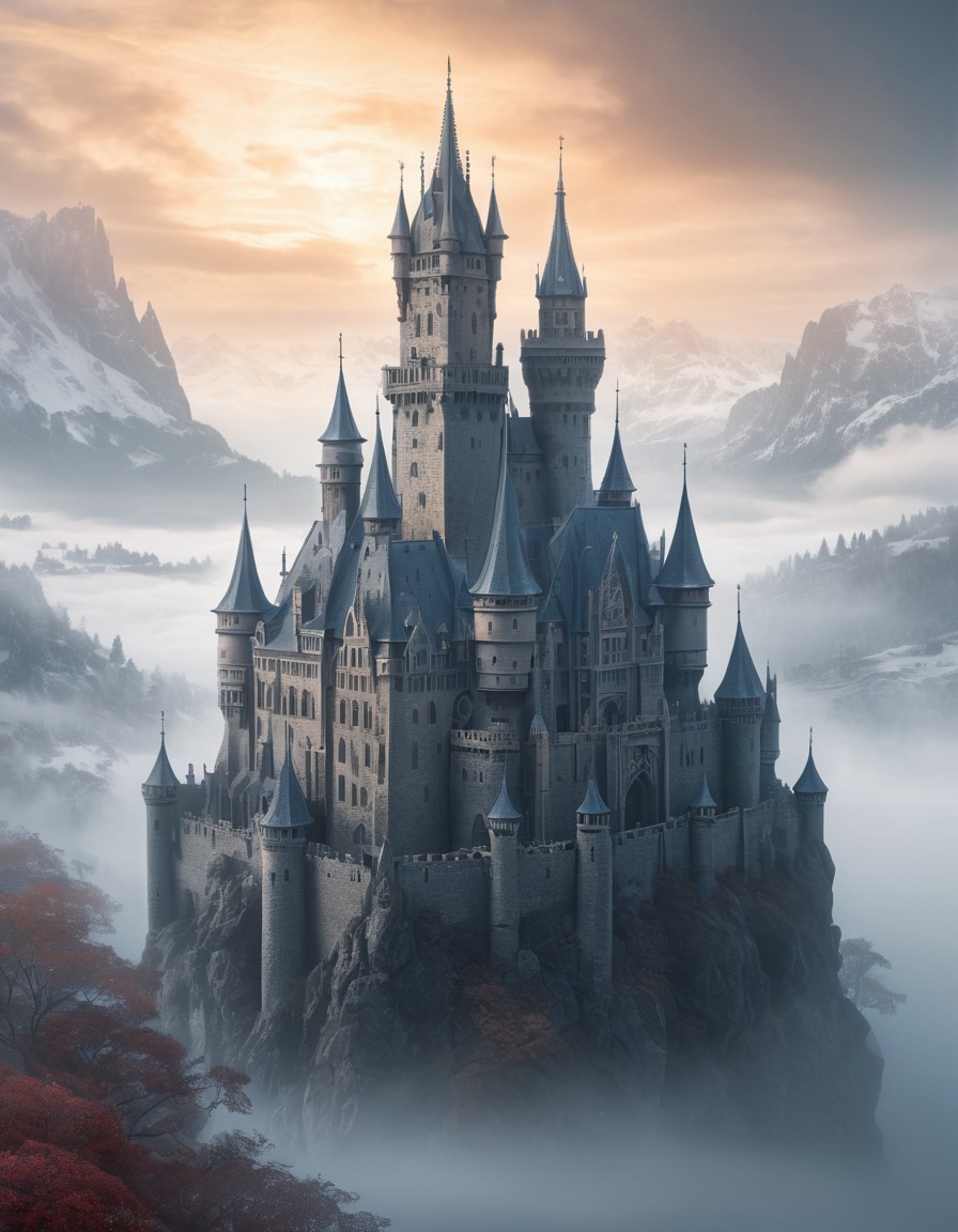 castle, fog, spires, architecture, medieval