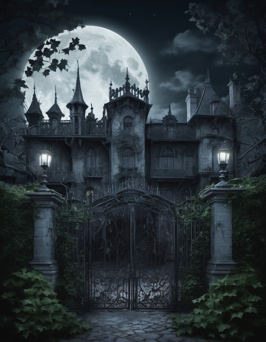 mansion, gothic, ivy-covered walls, wrought iron gates, full moon, underground, dark